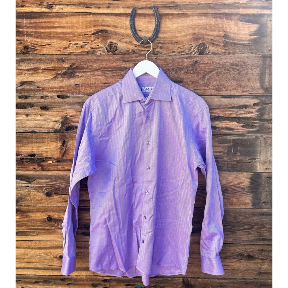 AKSEL | Paris Men’s Button Front Purple Striped Dress Shirt M
